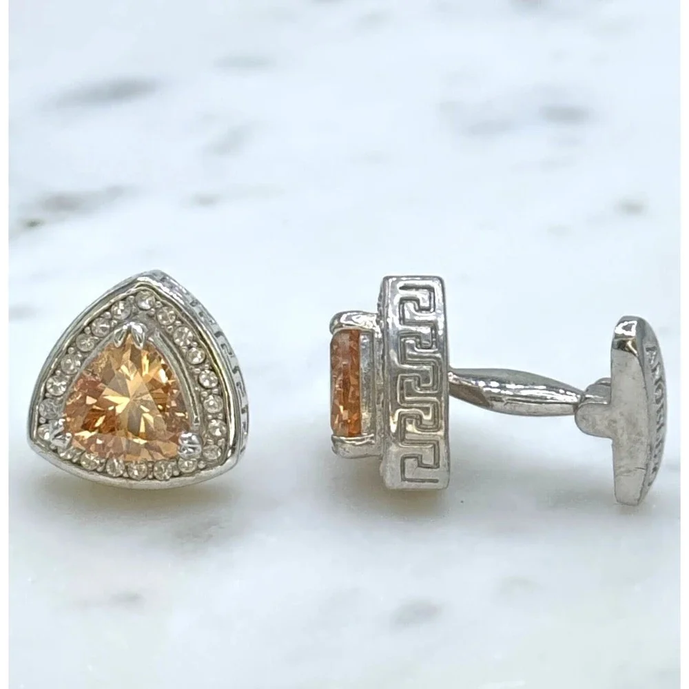 Angelino Silver Tone Orange Rhinestone Meander Border Greek Motif Cufflinks